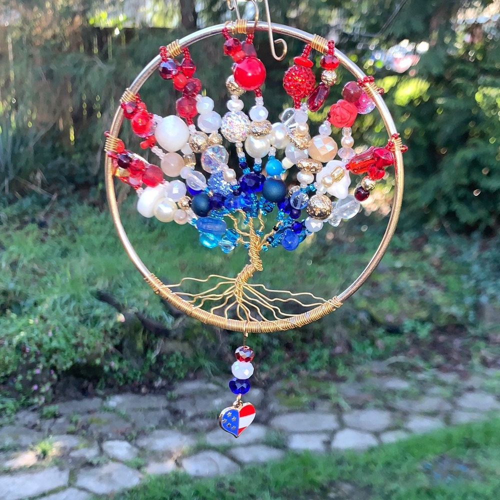 Handcrafted Red, White, and Blue Beaded Tree of Life Wire wrapped Suncatcher